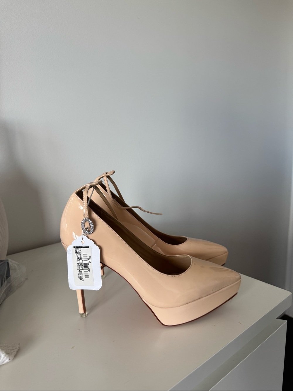 Patent Nude Ankle-Tie Stiletto Pumps